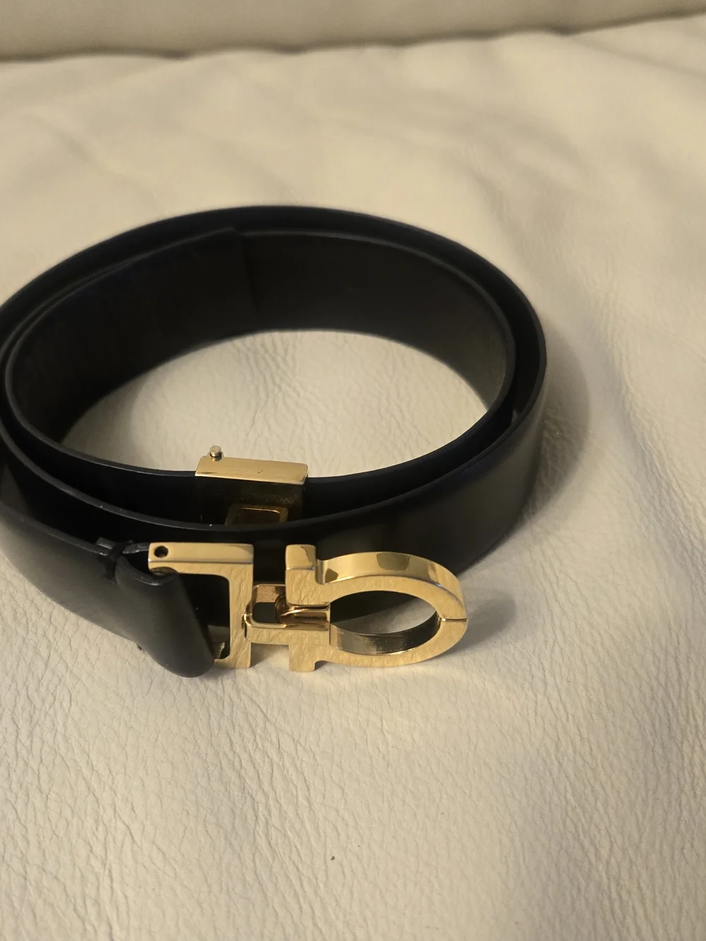Unisex Black Leather Belt with Gold Double-Loop Buckle